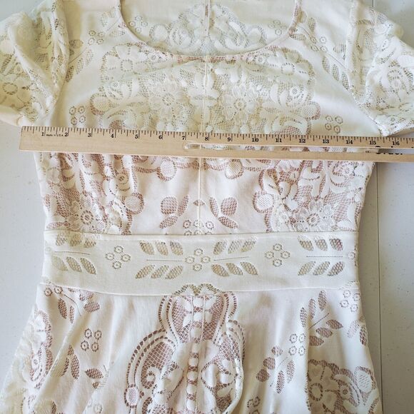 Free People Lovers Folk Song Lace Fit Flare Dress Ivory Bell Sleeve Boho Cottage - Picture 8 of 16